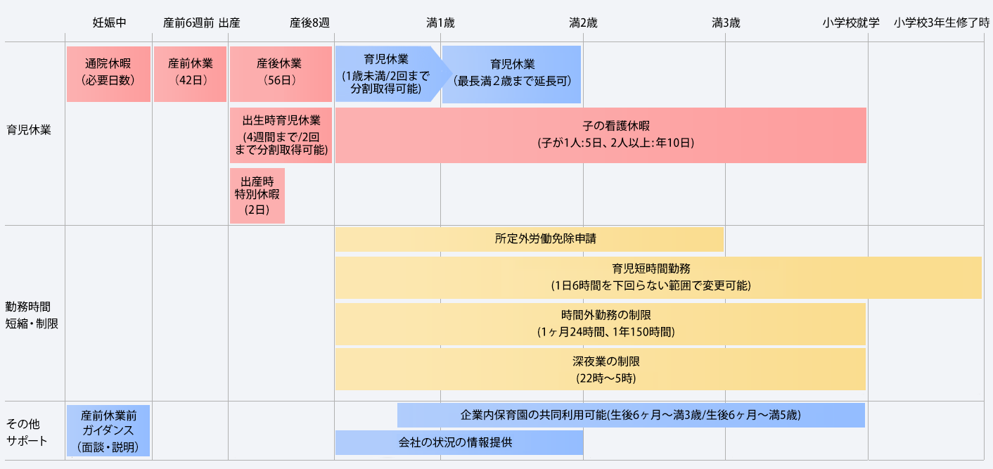 休暇・休業について、妊娠中は通院休暇（必要日数）、産前6週間前は産前休暇(42日)、出産から産後8週まで産後休暇(56日)、産後8週後から満1歳までは育児休暇(1歳未満)、満1歳からは育児休業（最長満2歳まで延長可）。産後8週後から小学校就学までの間は別途、子の看護休暇（子が1人：年5日、2人以上：年10日）を取得できる。勤務時間短縮・制限について、産後8週後から小学校就学までの間、所定外労働免除申請・育児短時間勤務（1日6時間を下回らない範囲で変更可能）・時間外勤務の制限（1ヶ月24時間、1年150時間）・深夜業の制限（22時から5時）が可能。その他サポートについて、妊娠中は産前前ガイダンス（面談・説明）を受けることができ、産後8週後から満2歳までの間、会社の状況の情報提供を受けられるほか、生後6ヶ月以降は企業内保育園の共同利用が可能（生後6ヶ月から満3歳/生後6ヶ月から満5歳）となる。